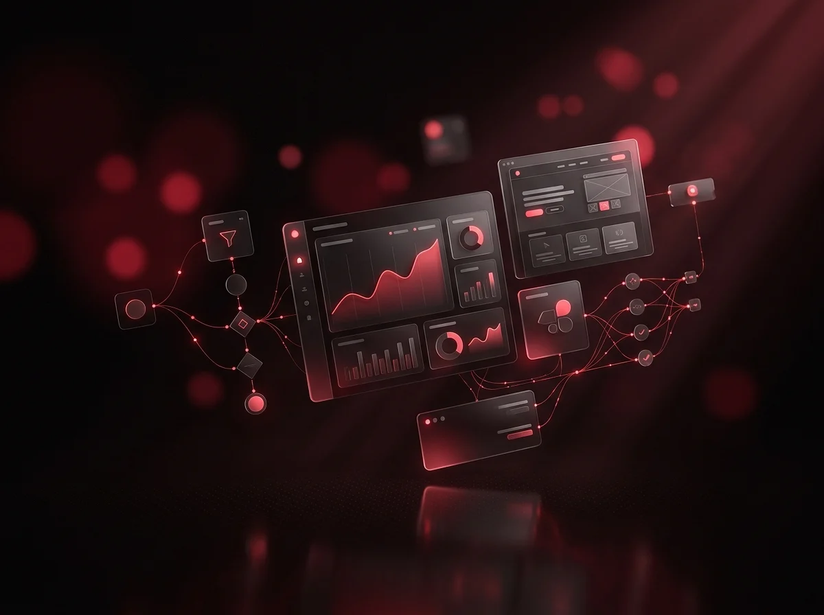 Abstract illustration of a digital growth system: analytics dashboard, website preview and connected automation nodes